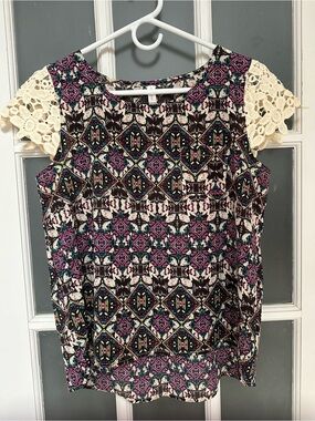 Boho Geometric Lace Sleeve Top - Cream & Multi